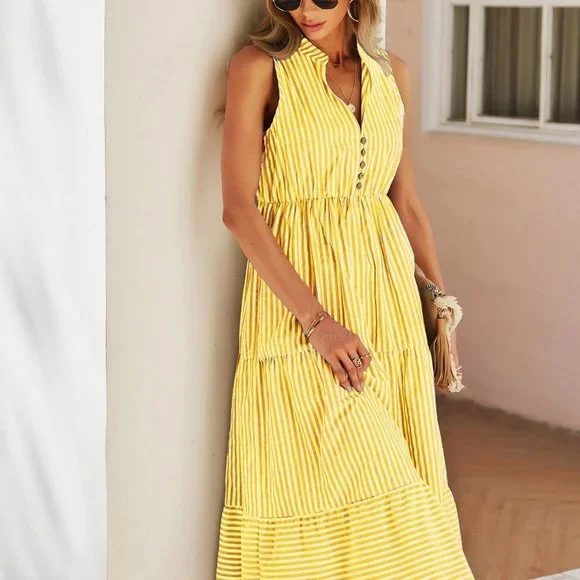 Yellow Boho Womens Striped Print Notched Neck A-line Dress - Picture 5 of 5